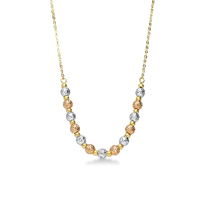 Hammered spheres necklace in 18k yellow, rose and white gold