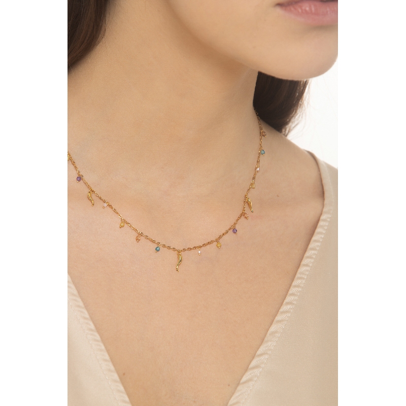 18k yellow gold necklace with colored bead and lucky charms 