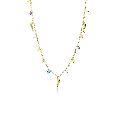 18k yellow gold necklace with colored bead and lucky charms 
