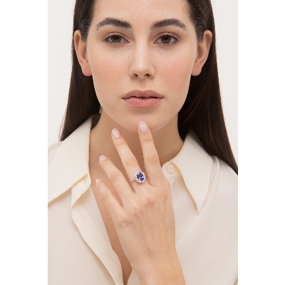 Tanzanite and diamond halo ring 18kt white gold