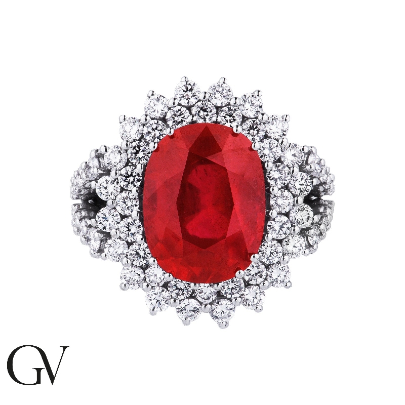 White gold 18k halo ring with diamonds and ruby White gold 18k halo ring with diamonds and ruby