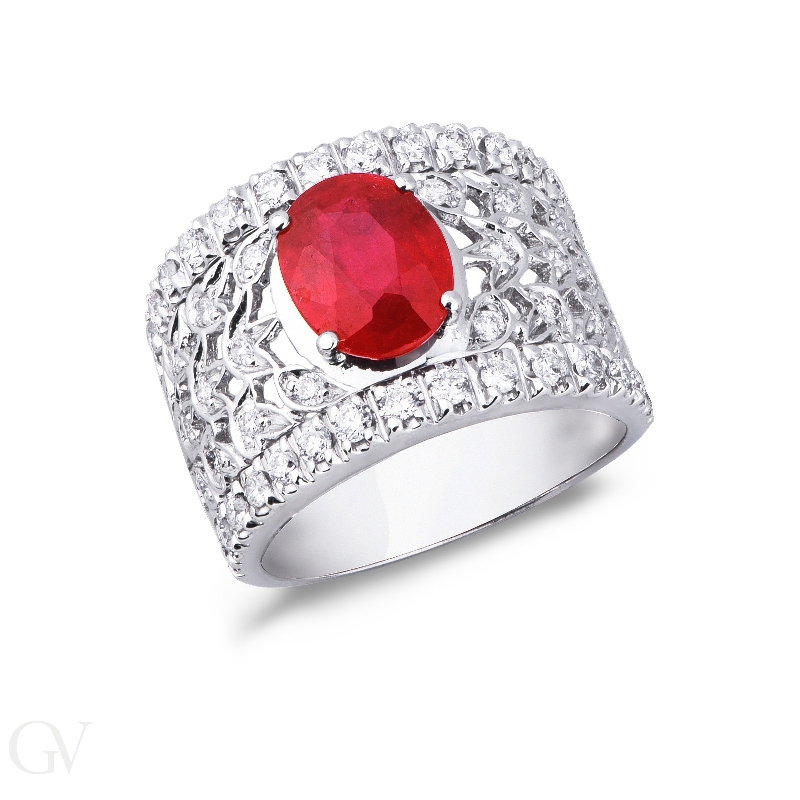 18k white gold band ring with ruby and diamonds 