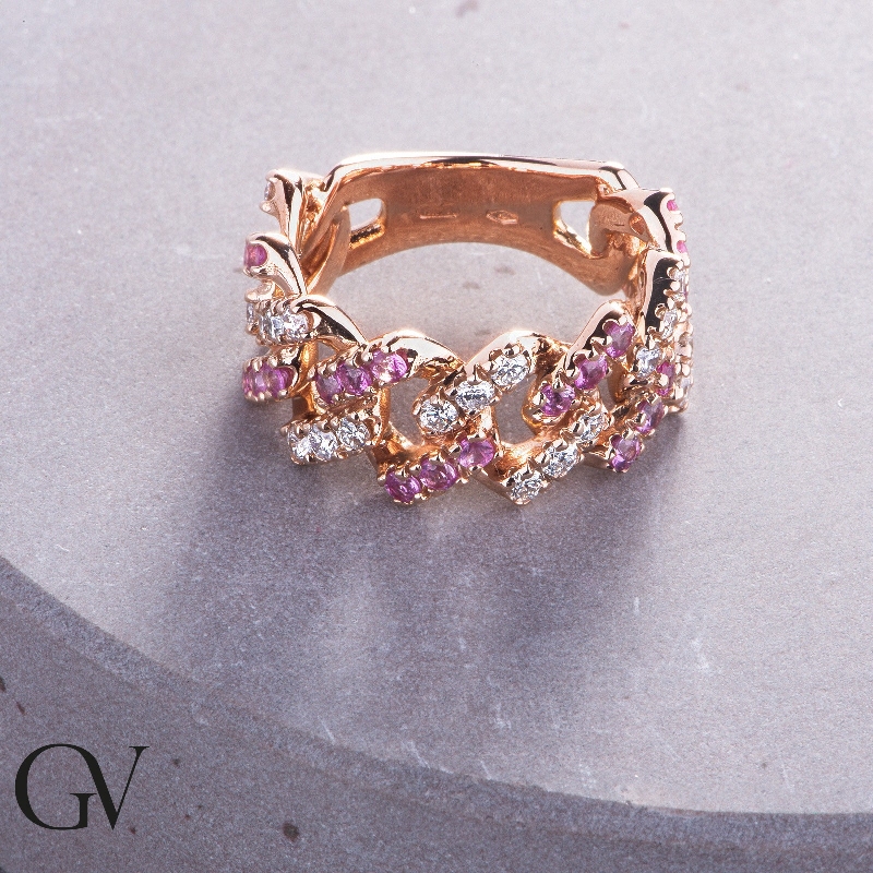 Rosé gold 18k cuban chain link with diamonds and pink sapphires  Rosé gold 18k cuban chain link with diamonds and pink sapphires
