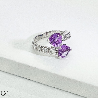750 white gold 18k TOI et MOI ring with diamonds and amethysts