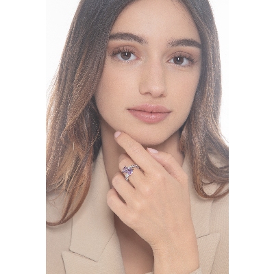 750 white gold 18k TOI et MOI ring with diamonds and amethysts