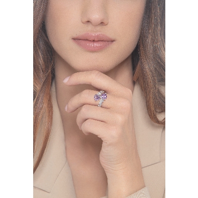 750 white gold 18k TOI et MOI ring with diamonds and amethysts