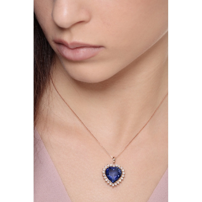 18k rose gold necklace with blue sapphire and diamonds