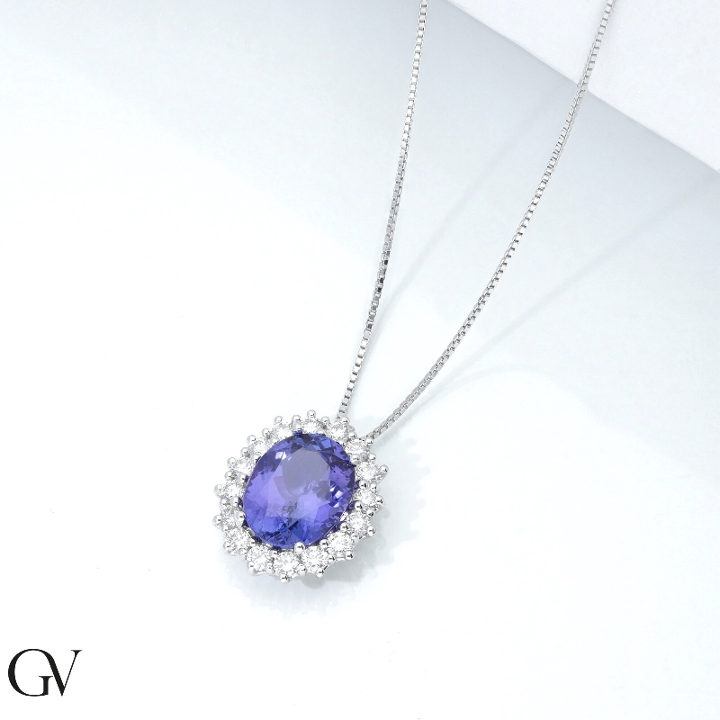 18k white gold necklace with halo pendant with tanzanite and diamonds 18k white gold necklace with halo pendant with tanzanite and diamonds