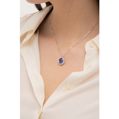 18k white gold necklace with halo pendant with tanzanite and diamonds