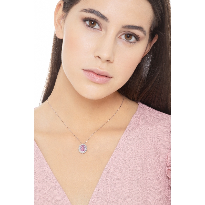 Necklace with pendant,central pink oval sapphire and crowned by diamonds