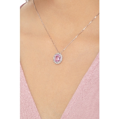 Necklace with pendant,central pink oval sapphire and crowned by diamonds