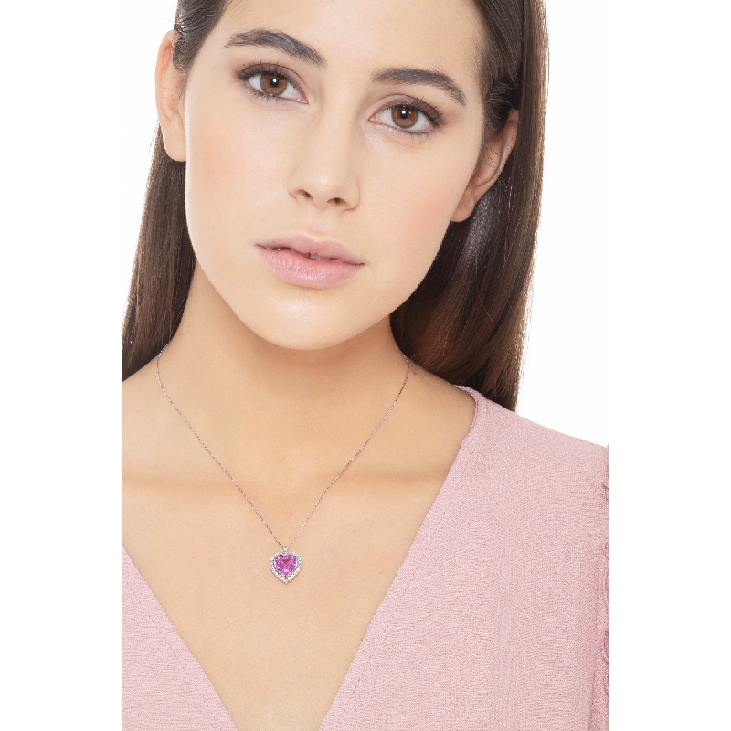 Necklace in white gold 18k with pendant, central heart shaped pink sapphire and diamonds Necklace in white gold 18k with pendant, central heart shaped pink sapphire and diamonds