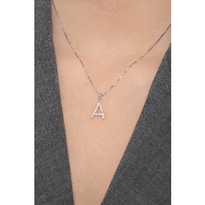 Necklace with initial pendant A in diamonds and white gold