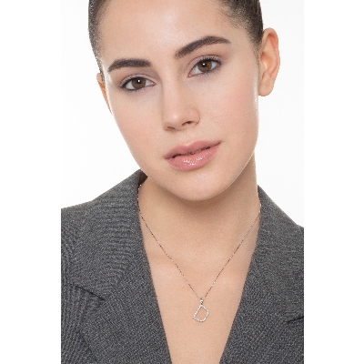 Letter D pendant with diamonds in white gold 18k
