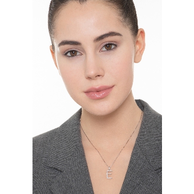 Necklace with initial pendant E in diamonds and white gold