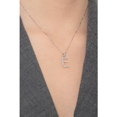 Necklace with initial pendant E in diamonds and white gold