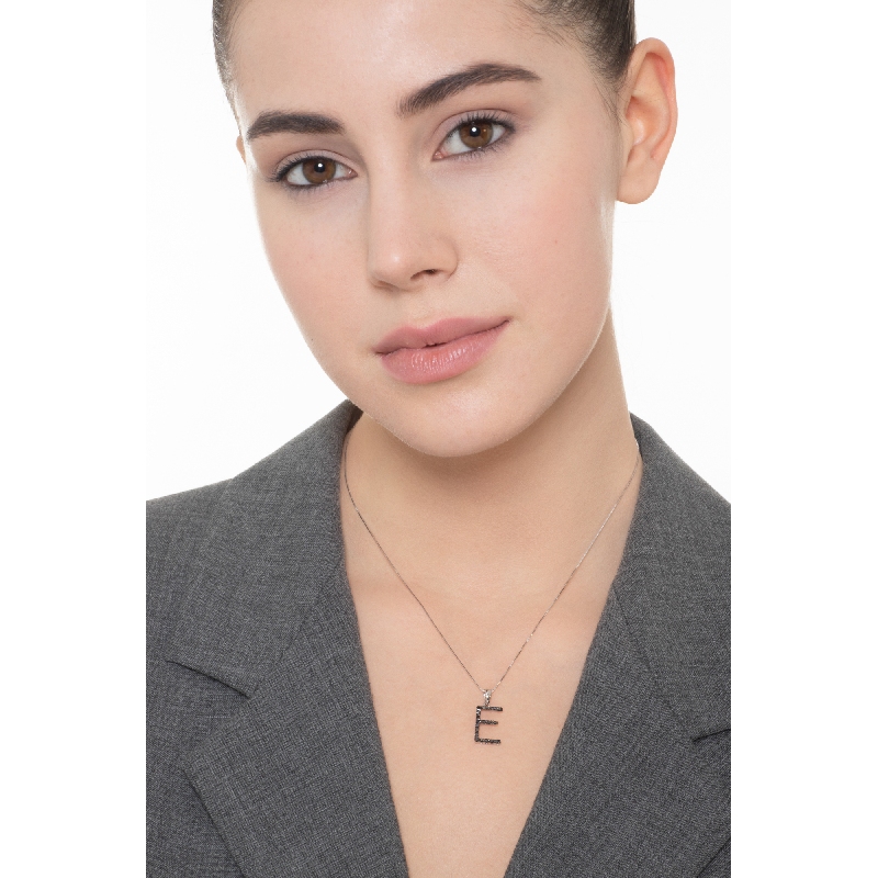 Necklace with initial E in 750 white gold and black diamonds Necklace with initial E in 750 white gold and black diamonds