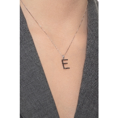 Necklace with initial E in 750 white gold and black diamonds