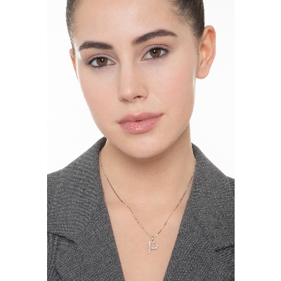 Necklace with initial pendant P in diamonds and white gold