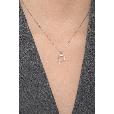 Necklace with initial pendant P in diamonds and white gold