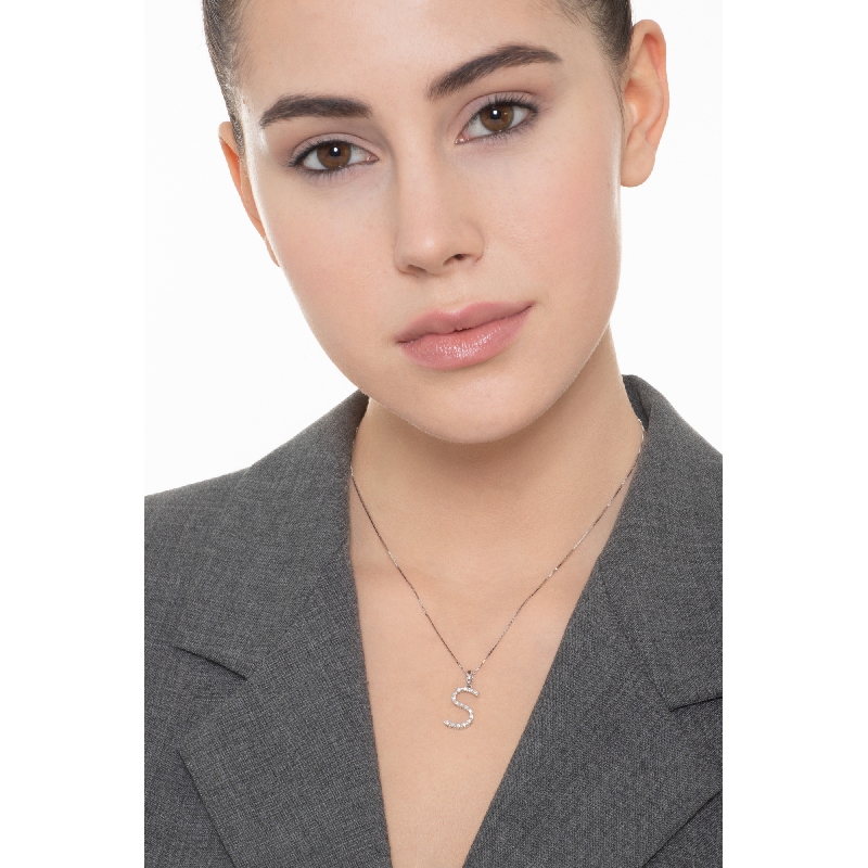 Necklace with S initial in 750 white gold and diamonds