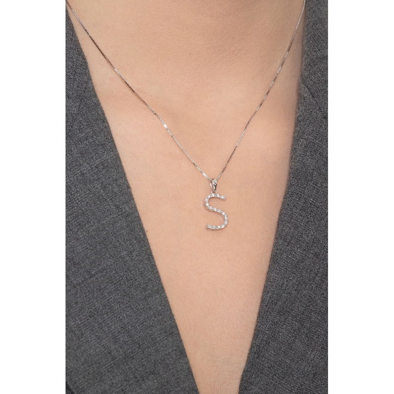 Necklace with S initial in 750 white gold and diamonds