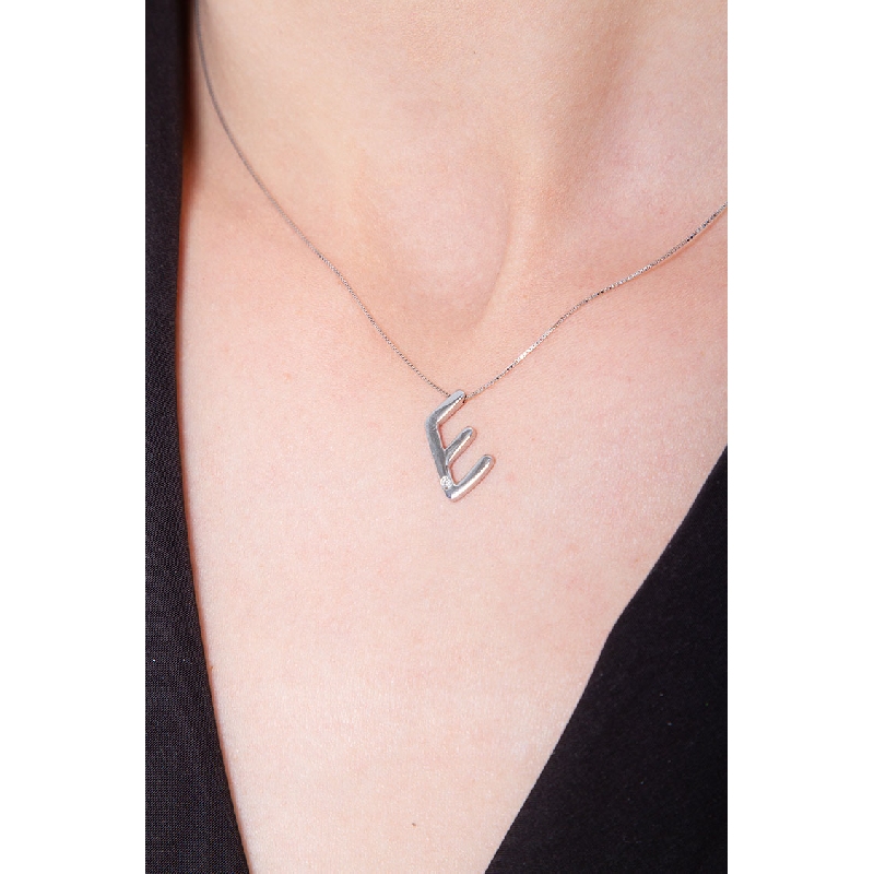 Necklace with a letter E in white gold with diamond