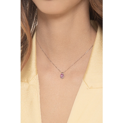 Necklace in white gold 18k with pink sapphire oval cut