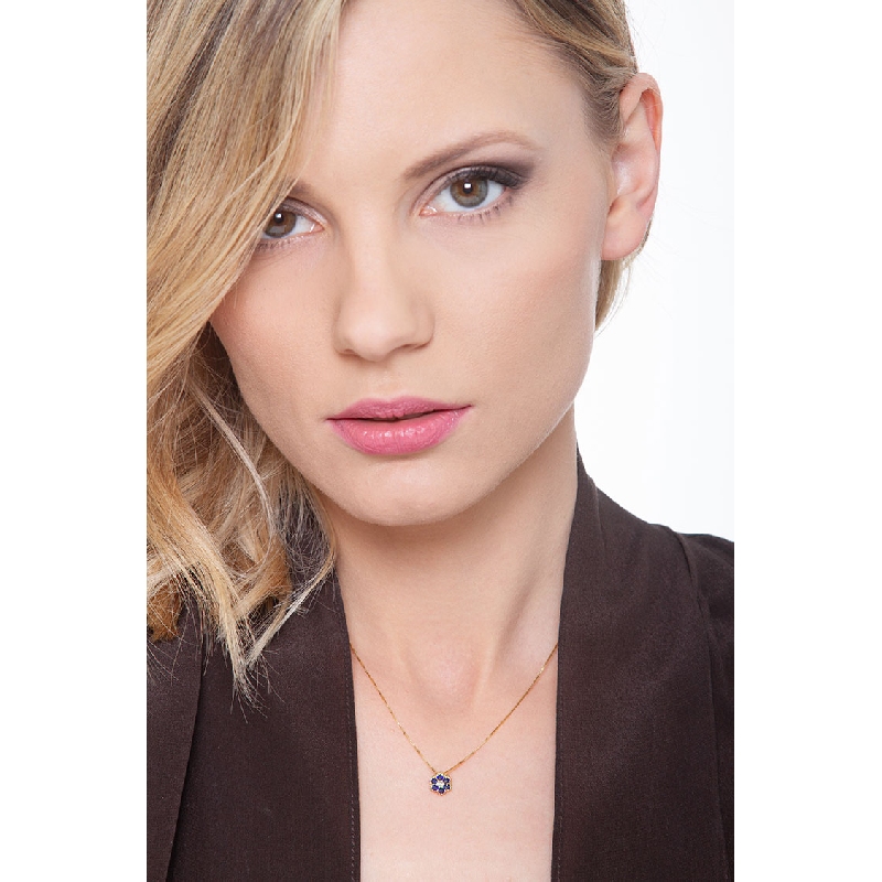 Little flower pendant in 18k yellow gold with diamonds and sapphires
