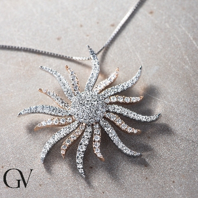 18k rose and white gold sun pendant with diamonds