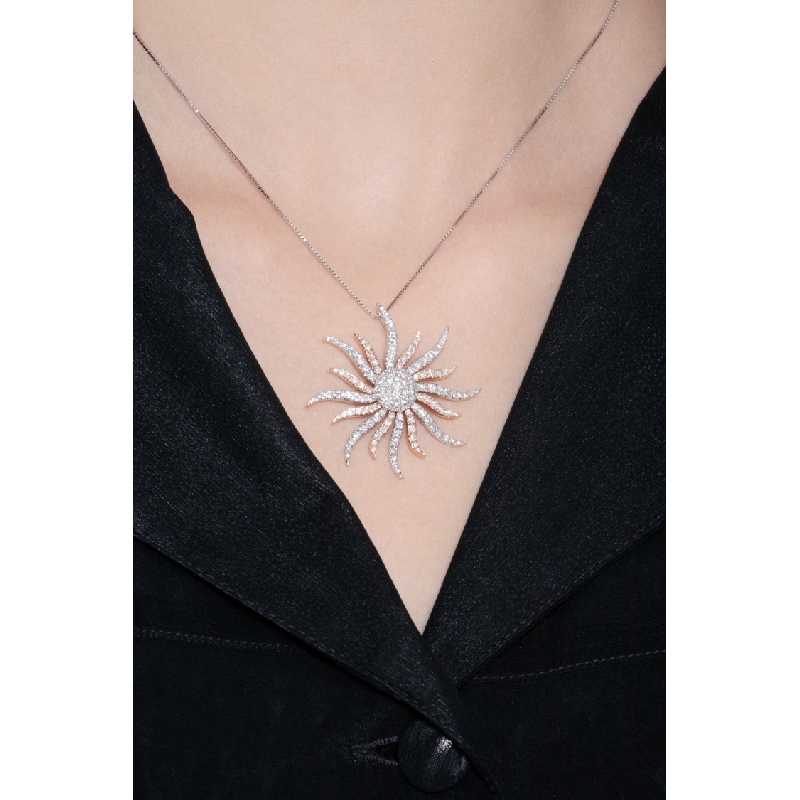 18k rose and white gold sun pendant with diamonds