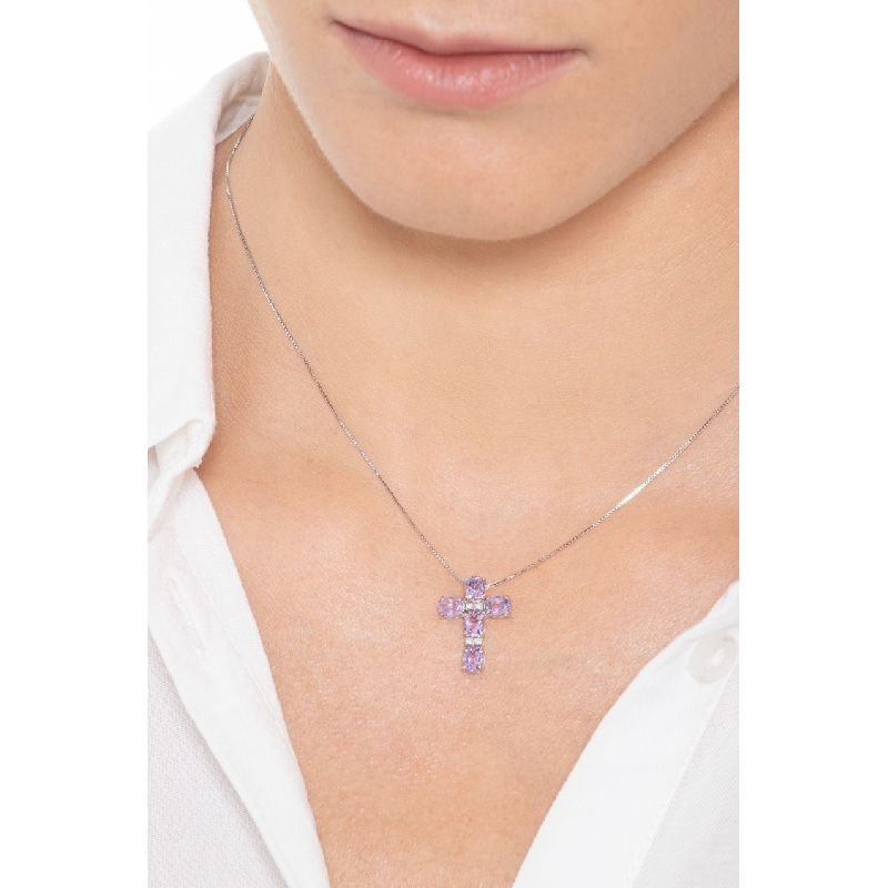 18k white gold cross pendant with amethysts and diamonds 18k white gold cross pendant with amethysts and diamonds
