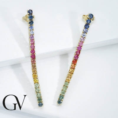 18k yellow gold tennis earrings with multicolor sapphires