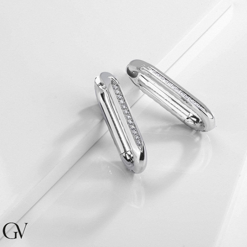 White Gold Oval Hoop Earrings With Diamonds