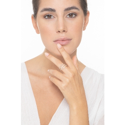 18k rosé gold band ring with three separated rows of diamonds 