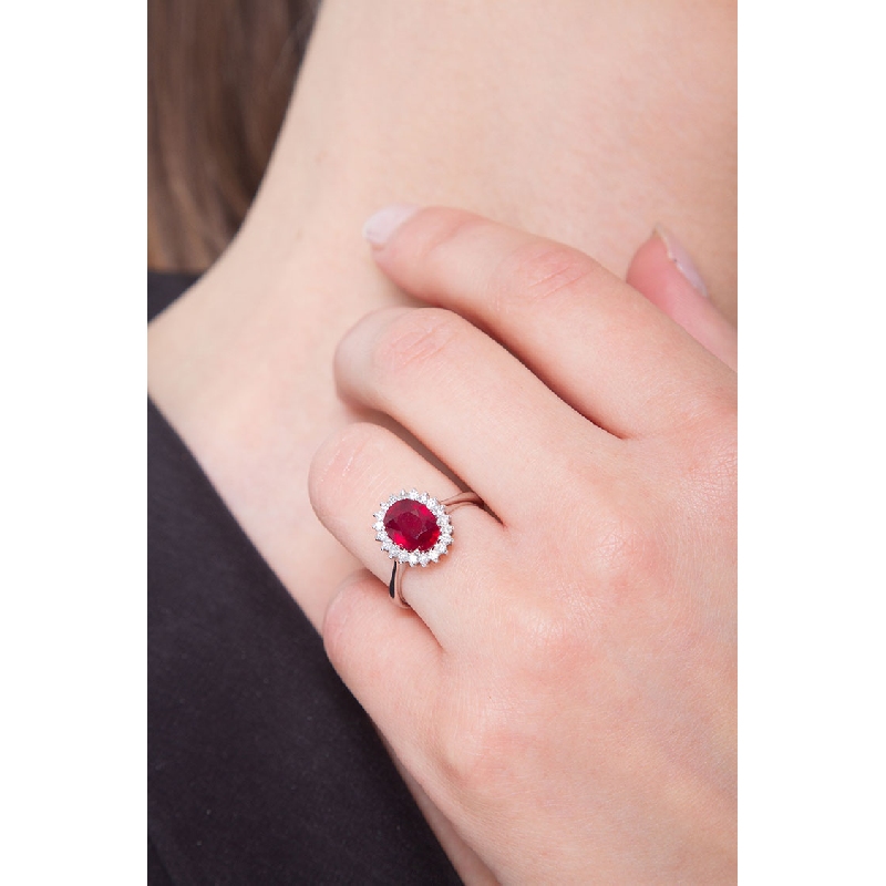 White gold 18k halo ring with diamonds and ruby White gold 18k halo ring with diamonds and ruby
