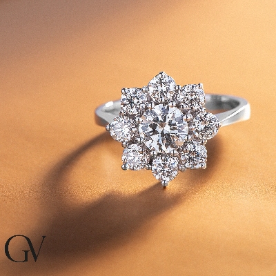 White gold 18k flower halo ring with diamonds 