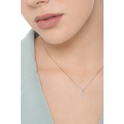 Necklace with E letter in white gold and diamonds