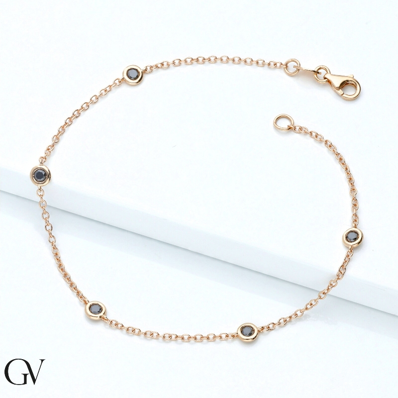 18k rose gold thin bracelet with 5 black round cut diamonds 18k rose gold thin bracelet with 5 black round cut diamonds