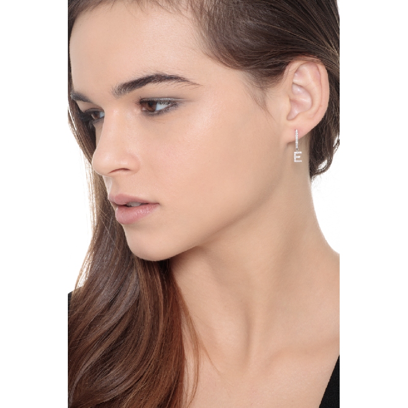 E letter drop earring in white gold and diamonds