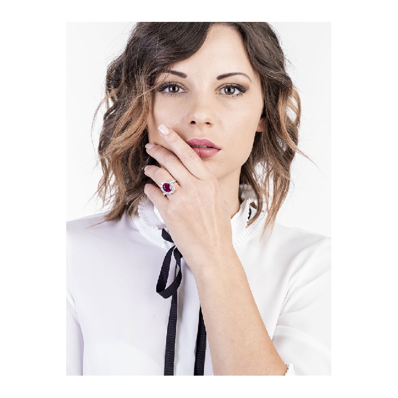 White gold 18k halo ring with ruby and diamonds  White gold 18k halo ring with ruby and diamonds