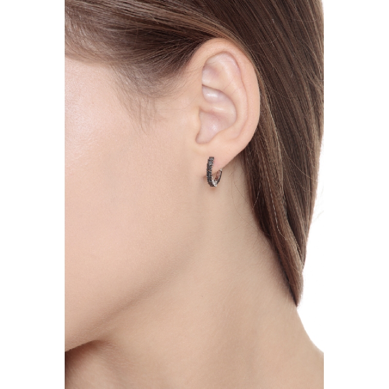White gold 18k hoop earrings with black diamonds