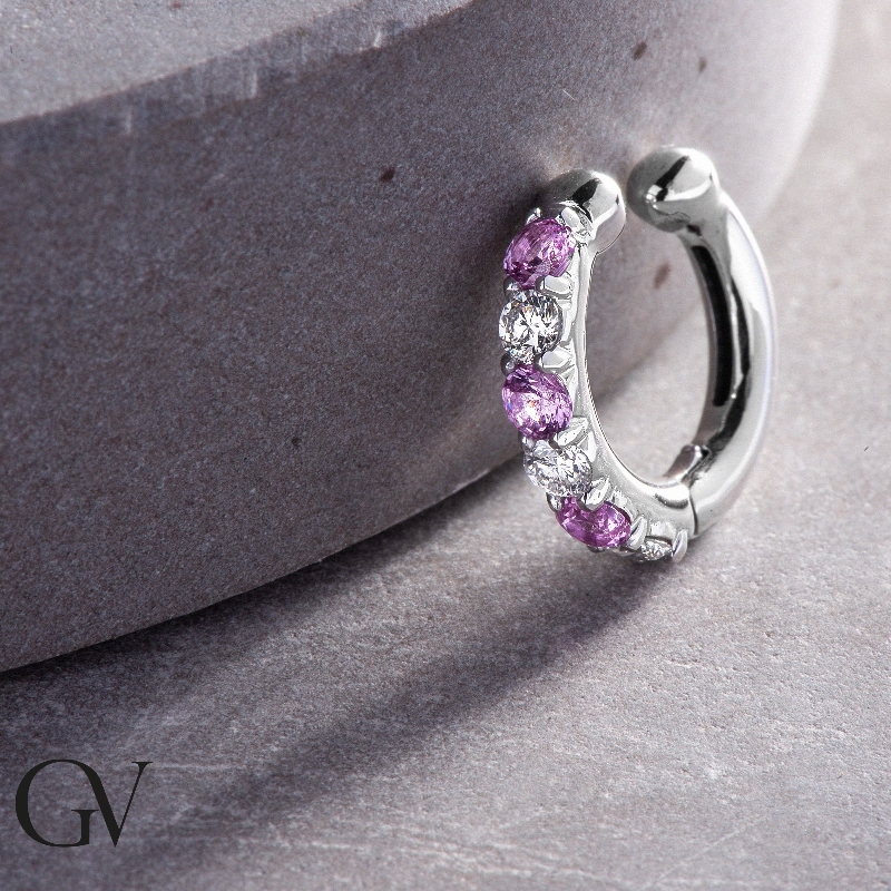 Single hoop earring in white gold 18k with pink sapphires and diamonds  Single hoop earring in white gold 18k with pink sapphires and diamonds
