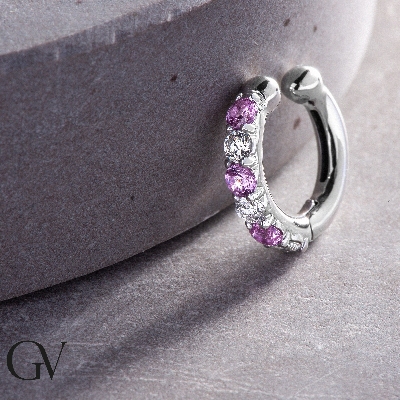 Single hoop earring in white gold 18k with pink sapphires and diamonds 