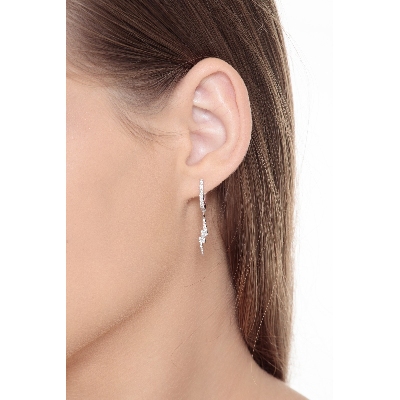 White gold 18k hoop earrings with diamond pendant lightning shaped