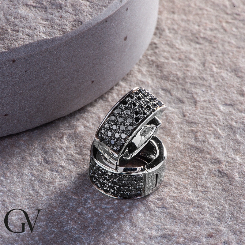White gold 18k hoop earrings with black diamonds pavé White gold 18k hoop earrings with black diamonds pavé