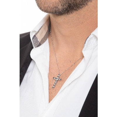 Cross pendant 18k white gold with black and white diamonds