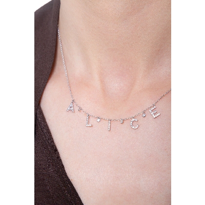 Gold necklace with name ALICE in diamonds