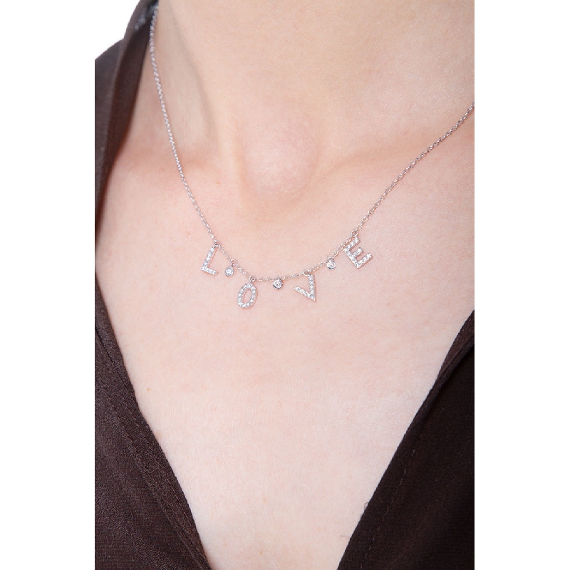 Necklace with letters LOVE in white gold and diamonds