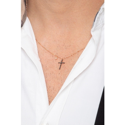 18k rose gold necklace with cross in black diamonds